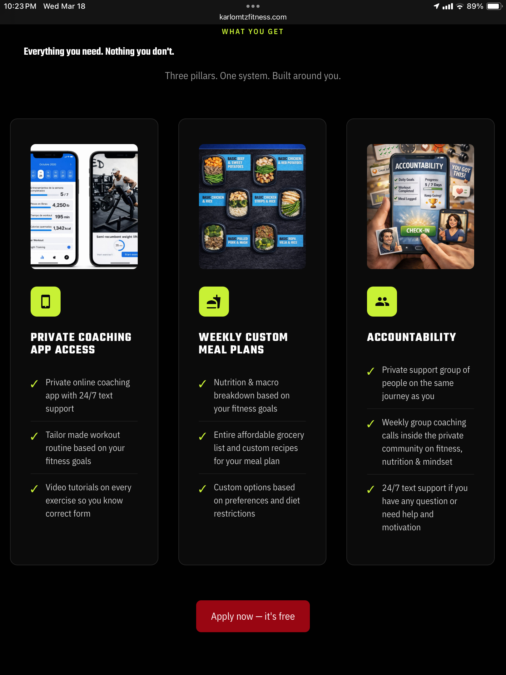Karlomtzfitness — features page on tablet